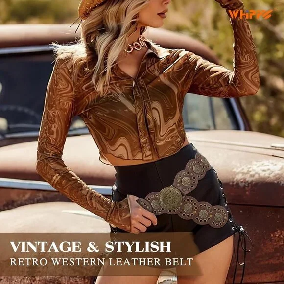 Women Vintage Disc Waist Concho Leather Belt Boho Waist Belt Brown Bronze Buckle - Picture 4 of 7